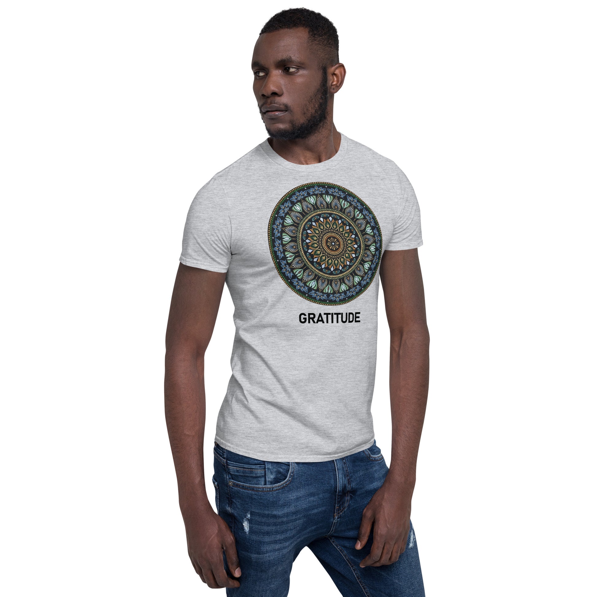Unisex Softstyle T-Shirt (mandala green and gold rim | on front | GRATITUDE in black lettering)