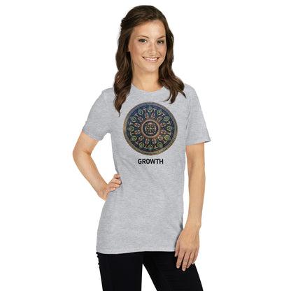 Unisex Softstyle T-Shirt (mandala with cross in the core | on front | GROWTH in black lettering)