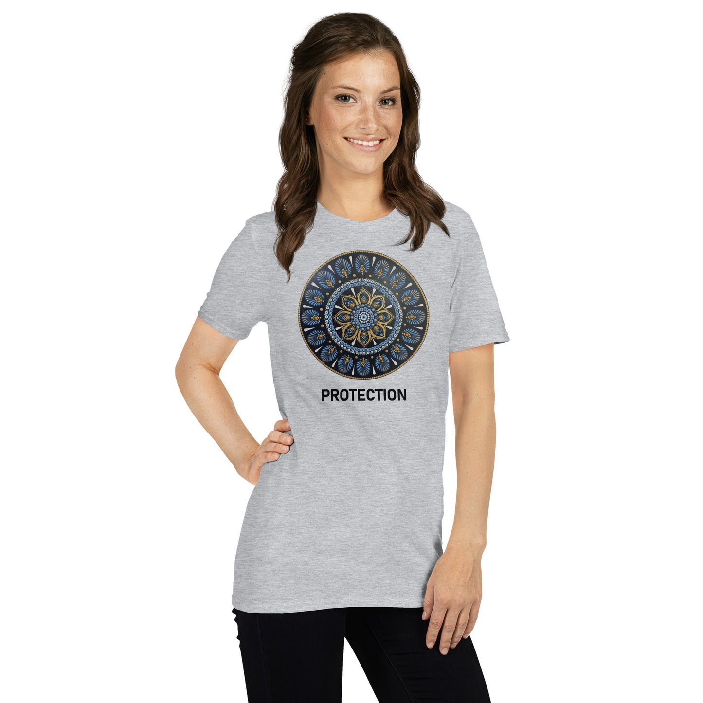 Unisex Softstyle T-Shirt (mandala with gold outer rim | on front | PROTECTION in black lettering)