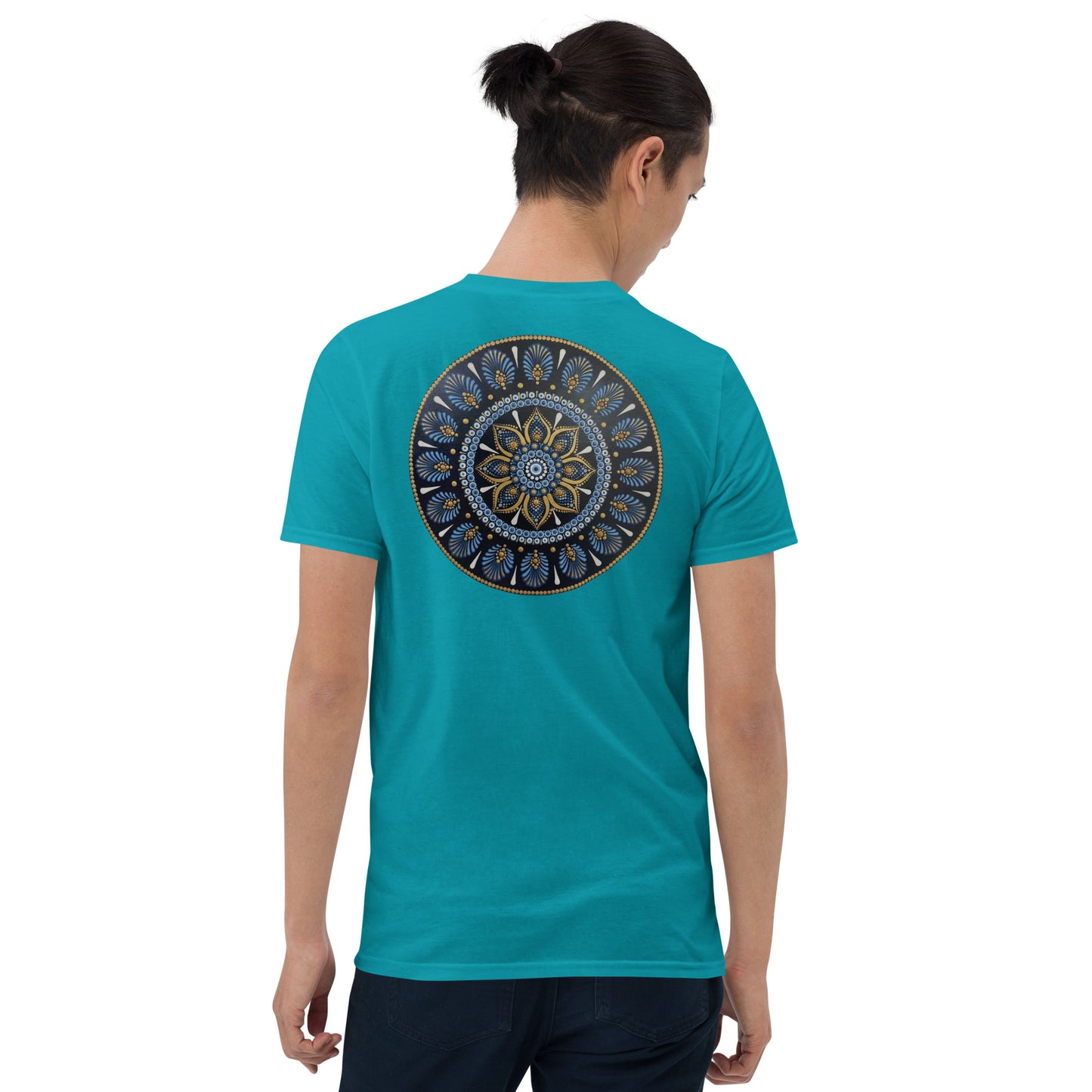 Unisex Softstyle T-Shirt (mandala with gold rim on back | PROTECTION in black lettering on front)