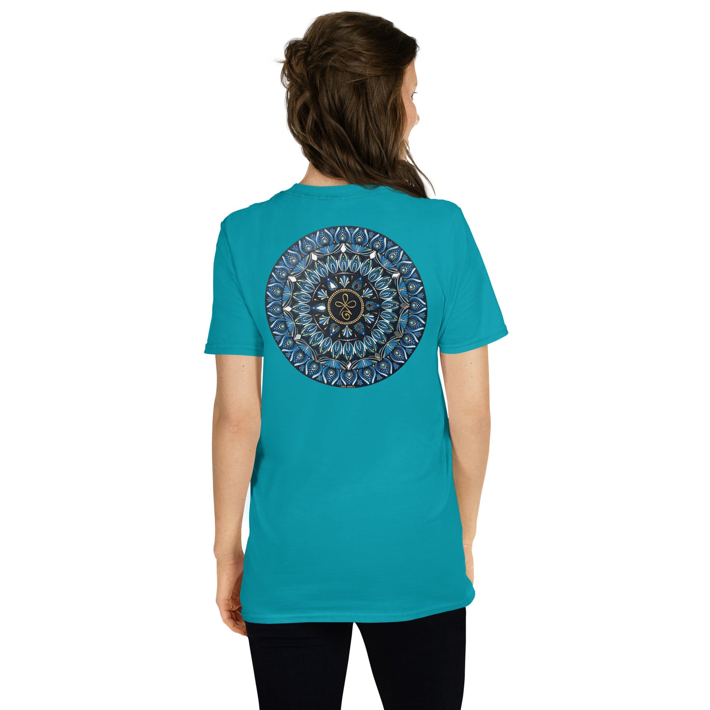 Unisex Softstyle T-Shirt (mandala with 3 loops in core on back | FAMILY in black lettering on front)