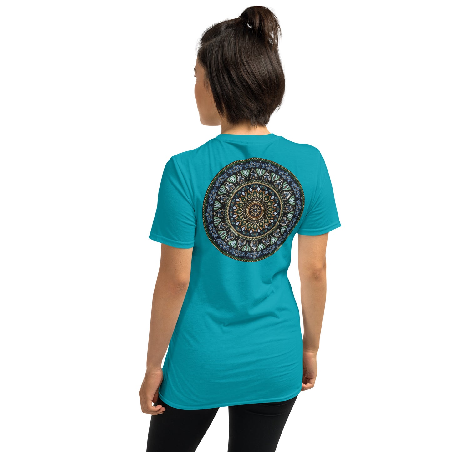 Unisex Softstyle T-Shirt (mandala green and gold rim on back | GRATITUDE in black lettering on front)