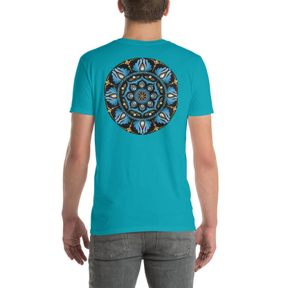 Unisex Softstyle T-Shirt (mandala with spokes in core on back | WISDOM in black lettering on front)