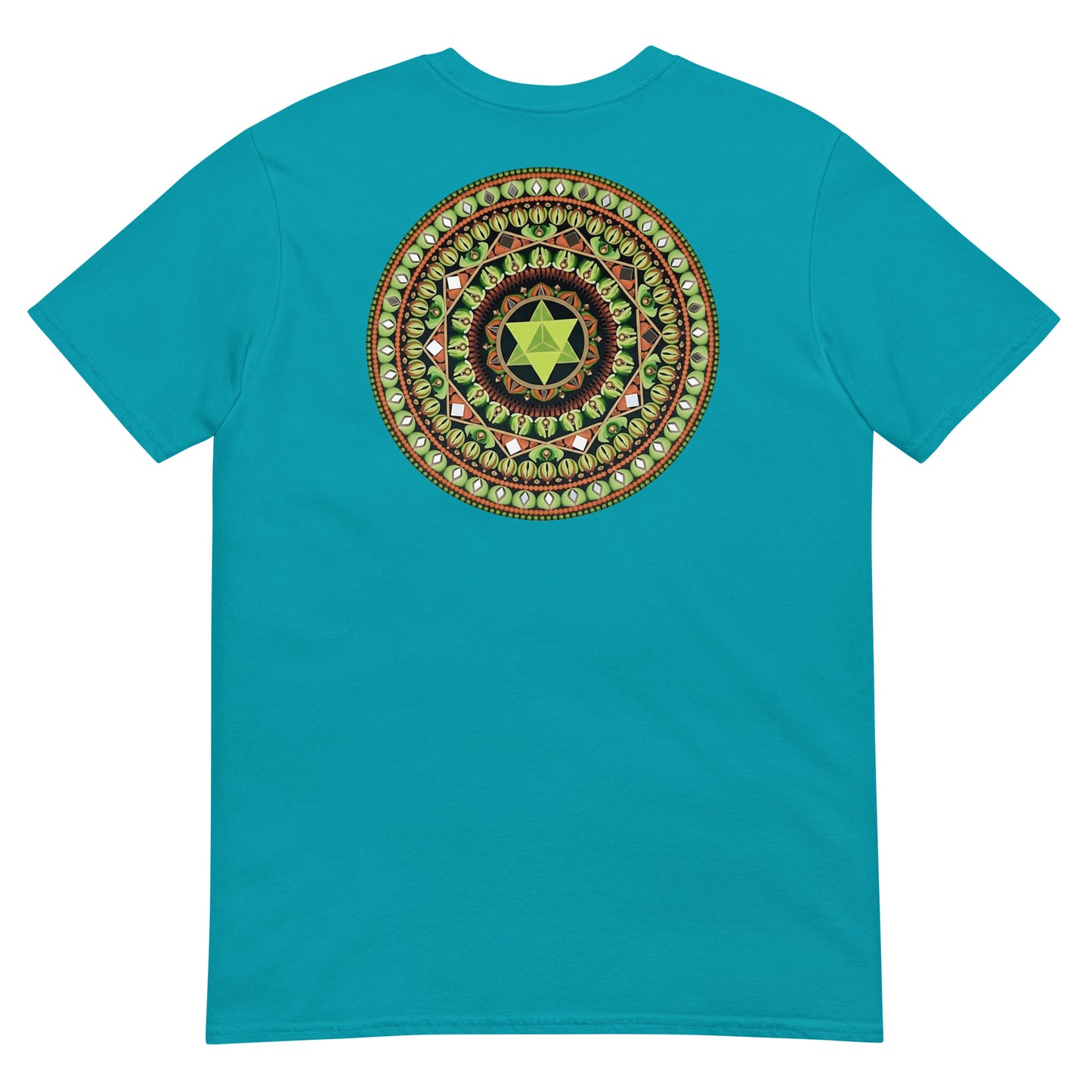 Unisex Softstyle T-Shirt (mandala with green star on back | HARMONY in black lettering on front)