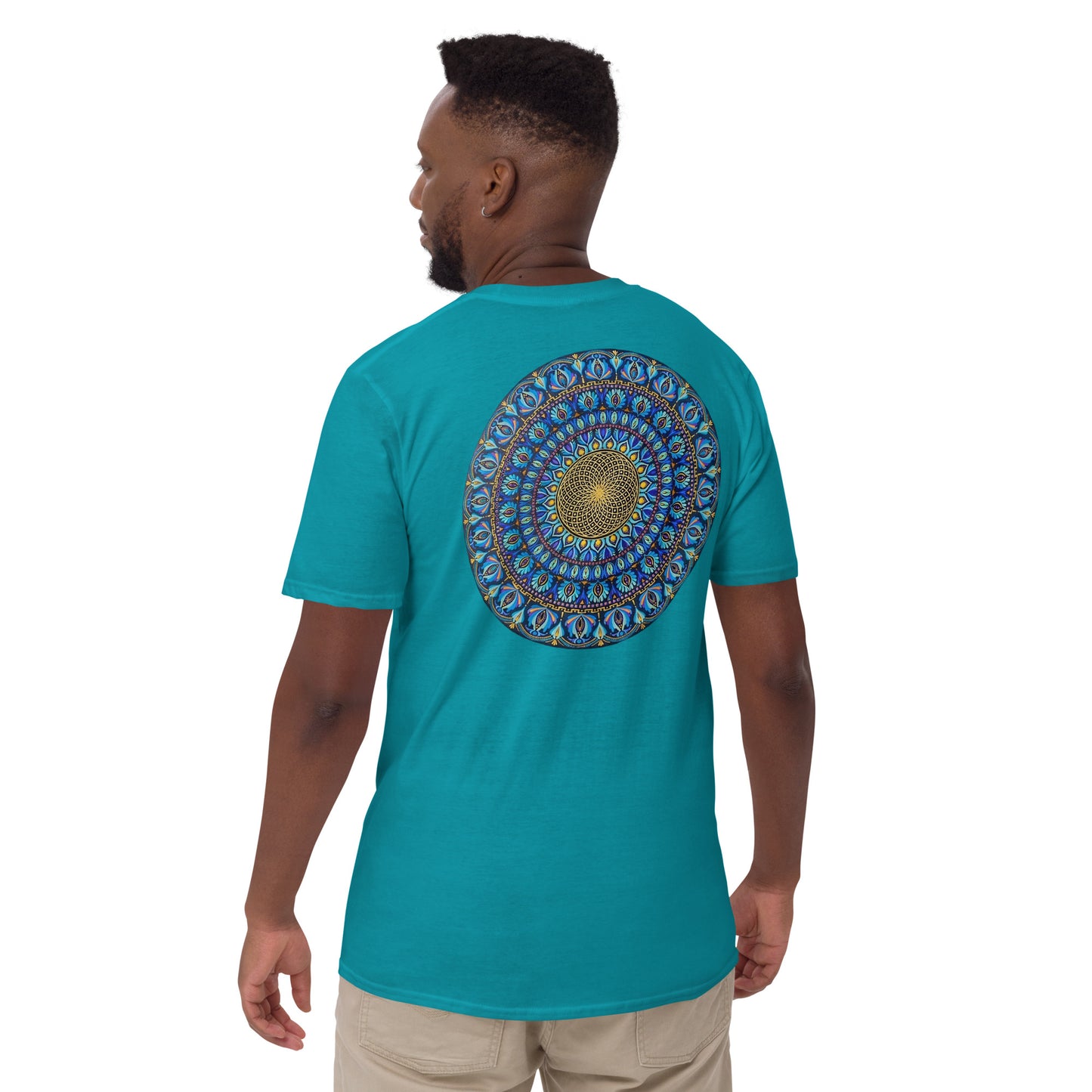 Unisex Softstyle T-Shirt (mandala with golden core on back | FLOW in black lettering on front)