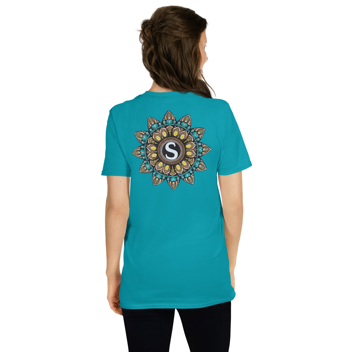 Unisex Softstyle T-Shirt (mandala with "S" in core on back | SHINE in black lettering on front)