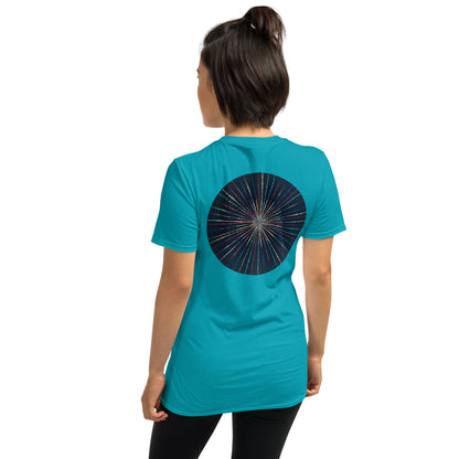 Unisex Softstyle T-Shirt (mandala with streams of light on back | EXPANSION in black lettering on front)