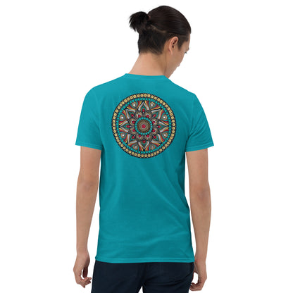 Unisex Softstyle T-Shirt (mandala with red core on back | PURPOSE in black lettering on front)