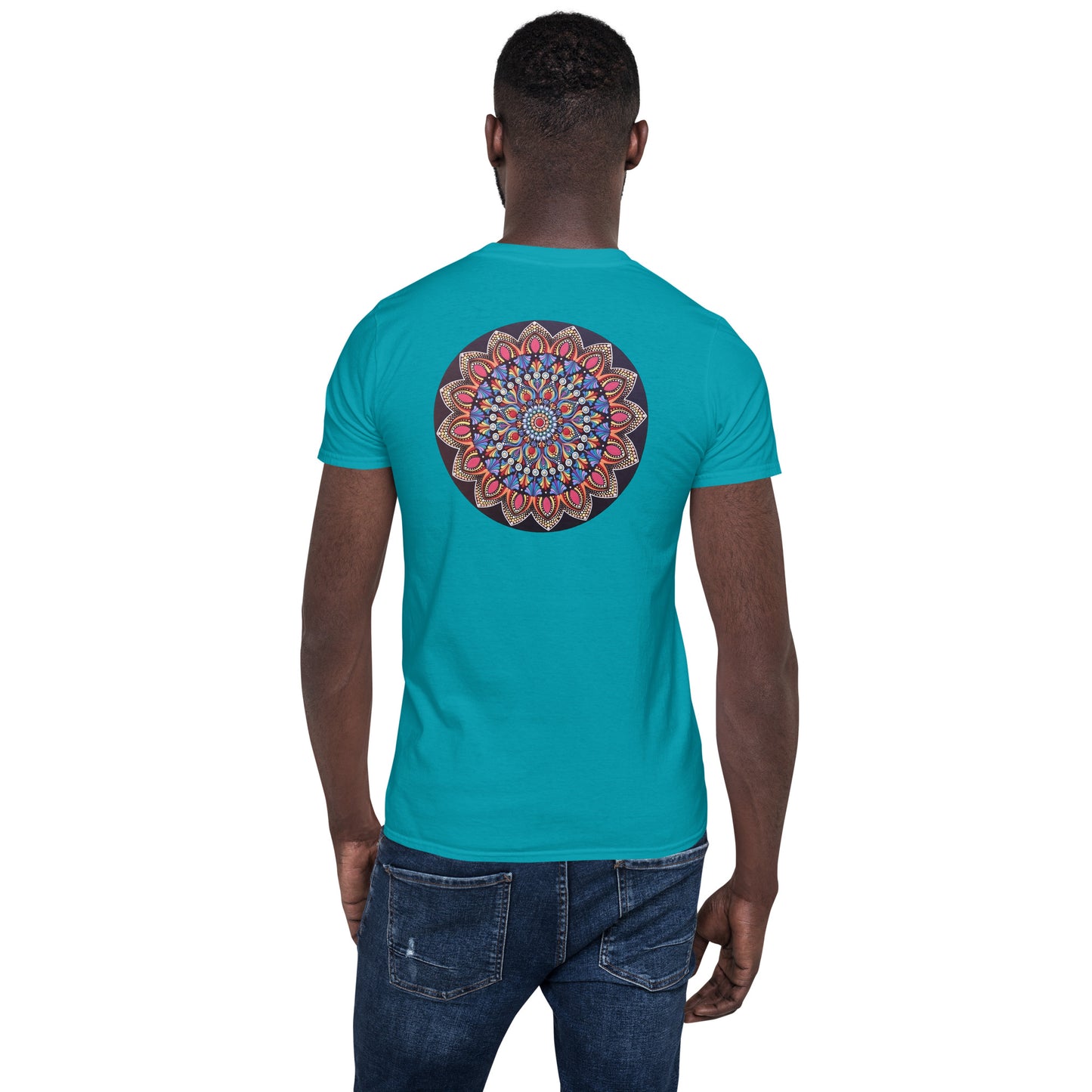 Unisex Softstyle T-Shirt (mandala with pink petals on back | VITALITY in black lettering on front)