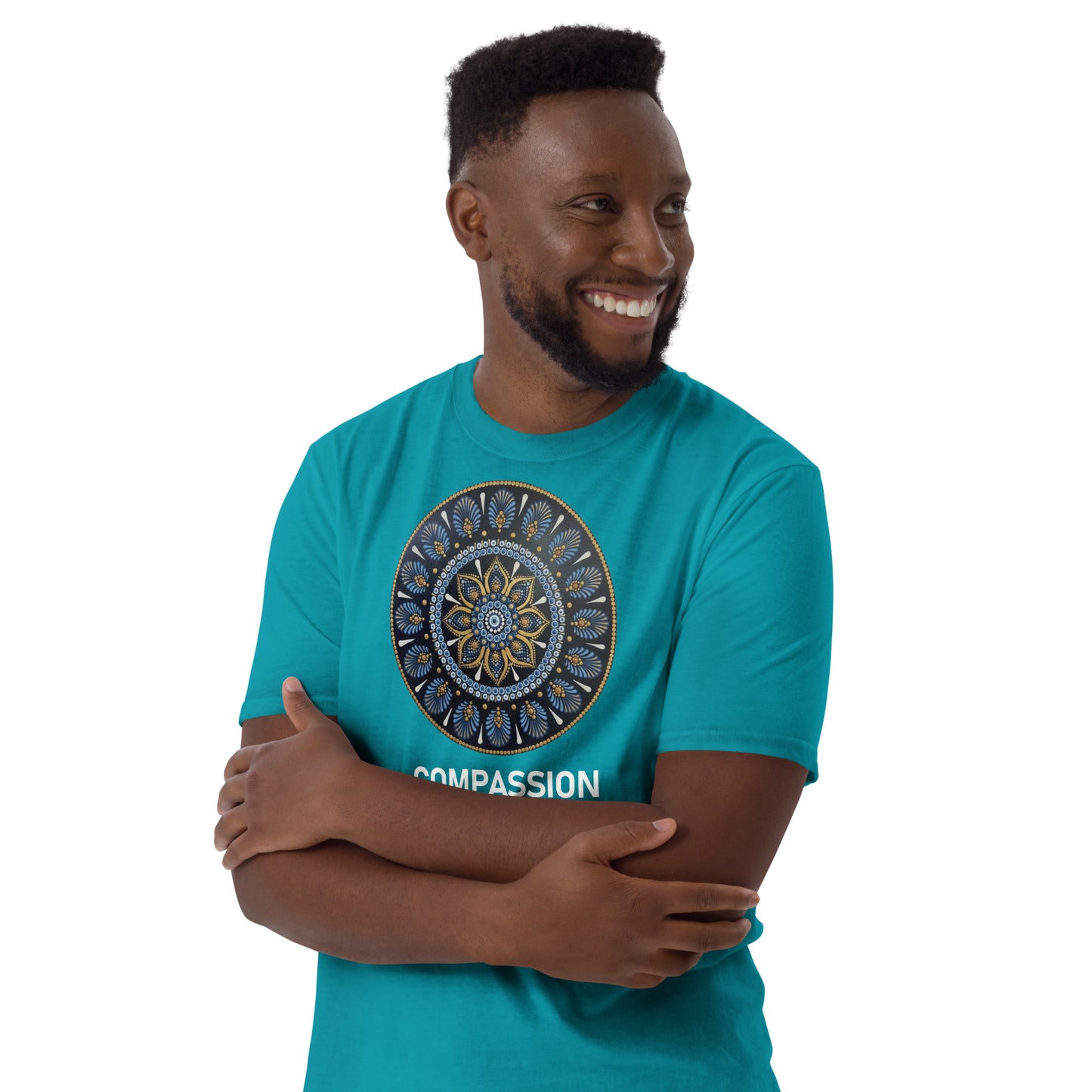 Unisex Softstyle T-Shirt (mandala with gold rim | on front | COMPASSION in white lettering)