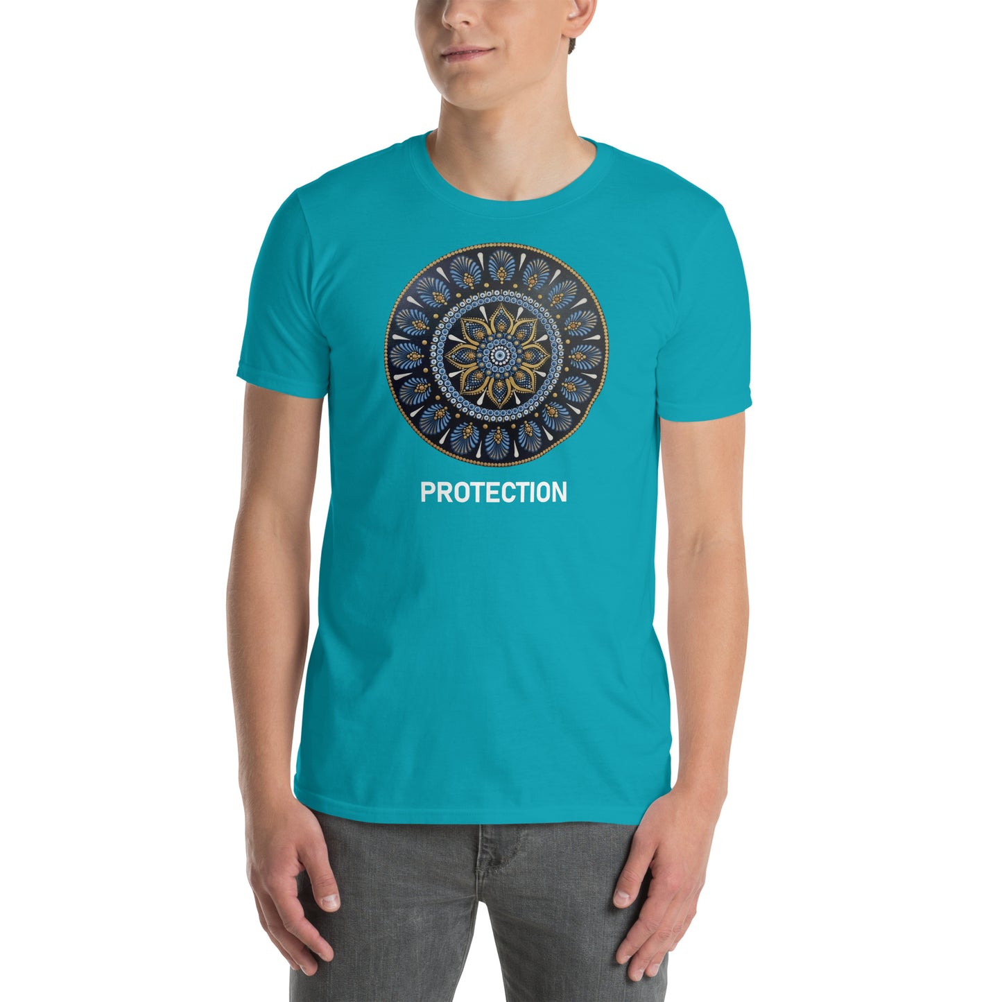 Unisex Softstyle T-Shirt (mandala with gold rim on front | PROTECTION in white lettering)