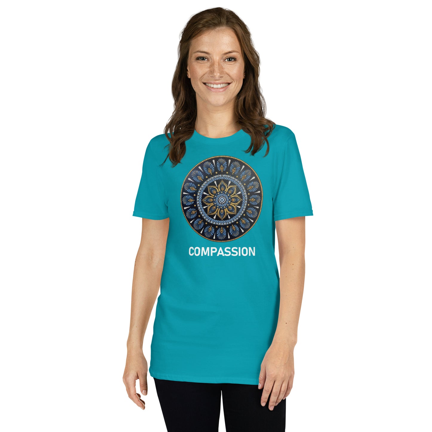 Unisex Softstyle T-Shirt (mandala with gold rim on front | COMPASSION in white lettering)