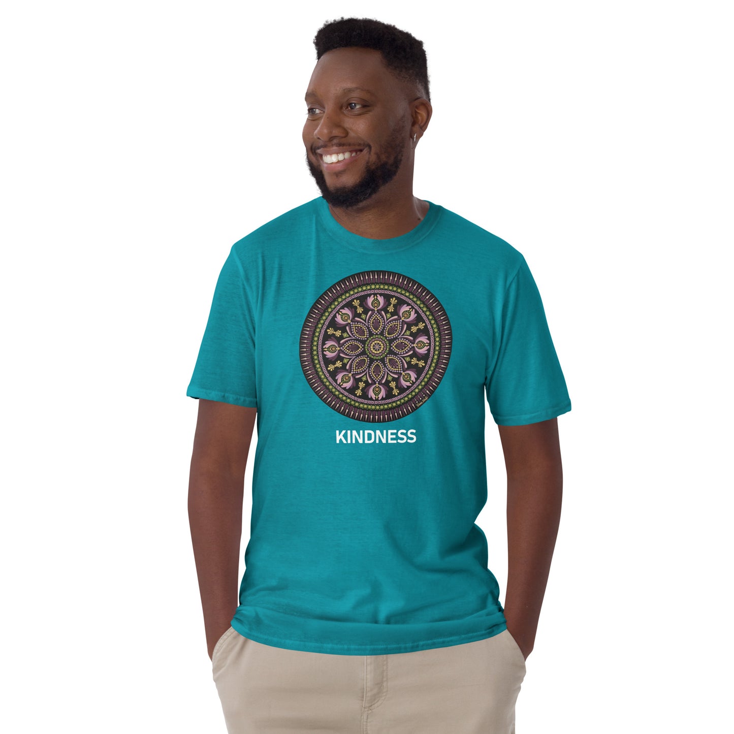 Unisex Softstyle T-Shirt (mandala with magenta rim on front | KINDNESS in white lettering)