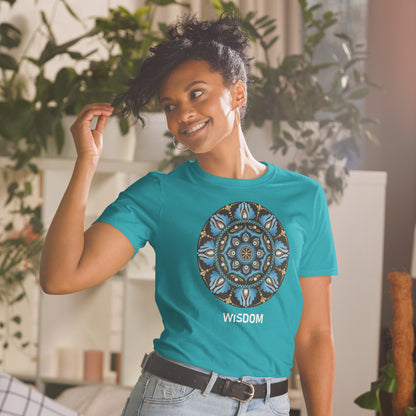 Unisex Softstyle T-Shirt (mandala with spokes in core on front | WISDOM in white lettering)