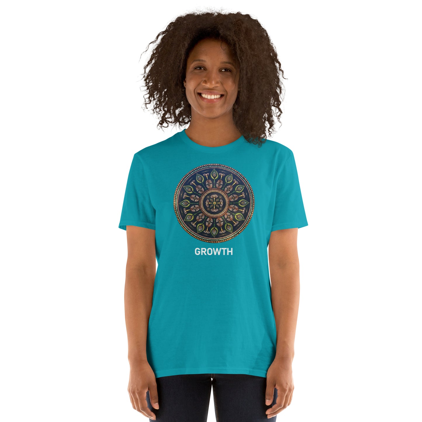 Unisex Softstyle T-Shirt (mandala with cross at the core on front | GROWTH in white lettering)