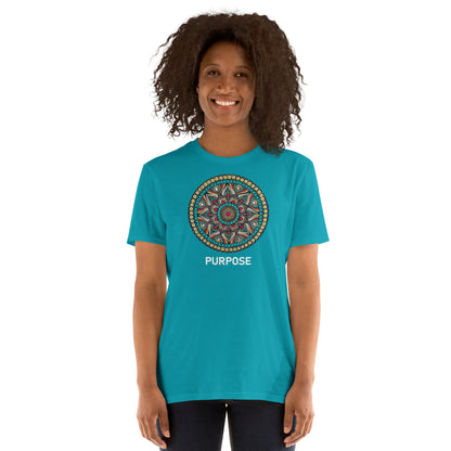 Unisex Softstyle T-Shirt (mandala with red core on front | PURPOSE in white lettering)