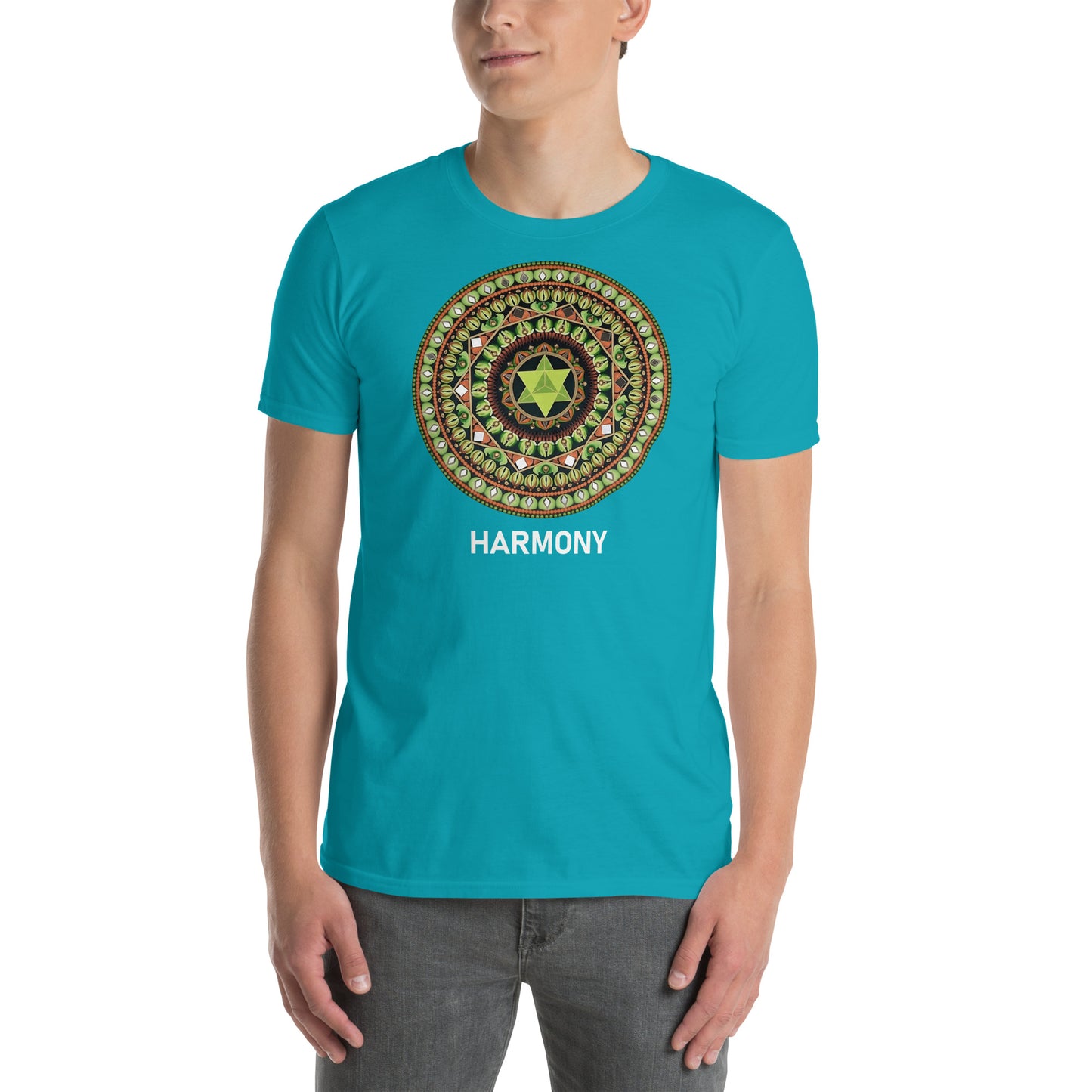 Unisex Softstyle T-Shirt (mandala with green star | on front | HARMONY in white lettering)