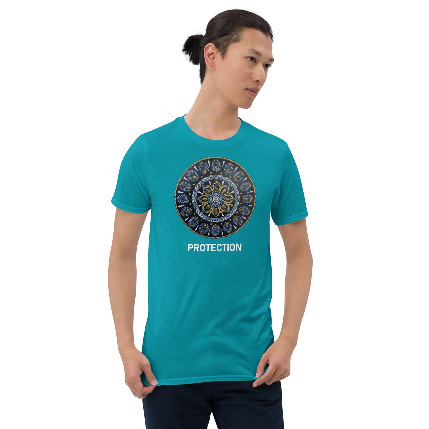 Unisex Softstyle T-Shirt (mandala with gold outer rim | on front | PROTECTION in white lettering)