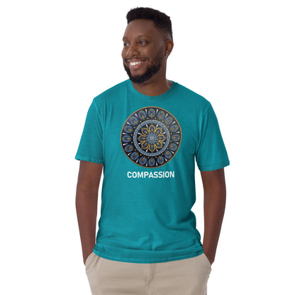 Unisex Softstyle T-Shirt (mandala with gold rim | on front | COMPASSION in white lettering)