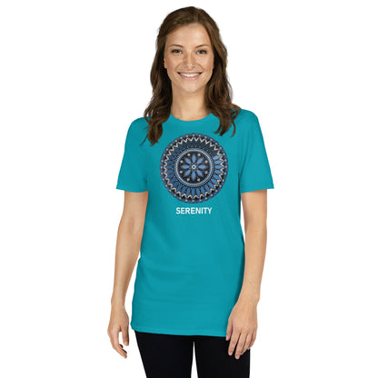 Unisex Softstyle T-Shirt (mandala with blue and white core | on front | SERENITY in white lettering)