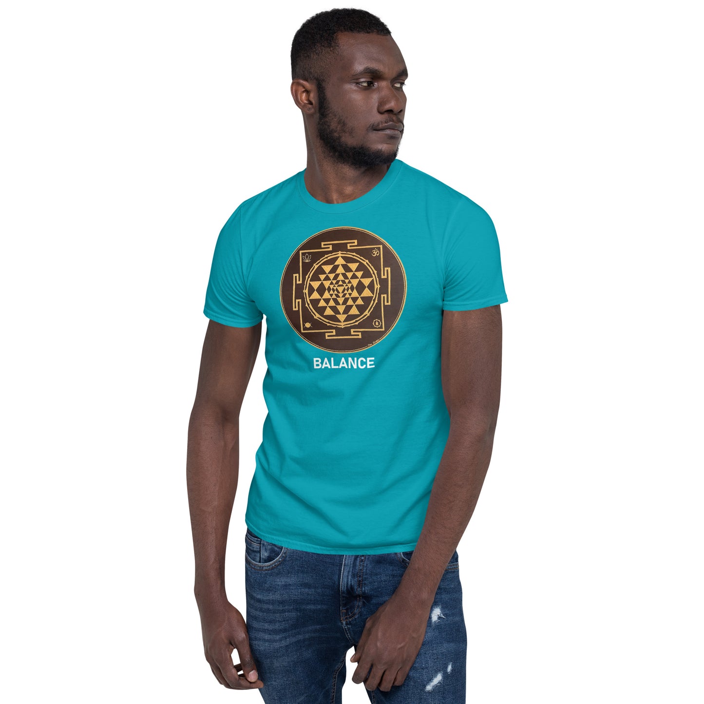 Unisex Softstyle T-Shirt (brown and gold mandala | on front | BALANCE in white lettering)