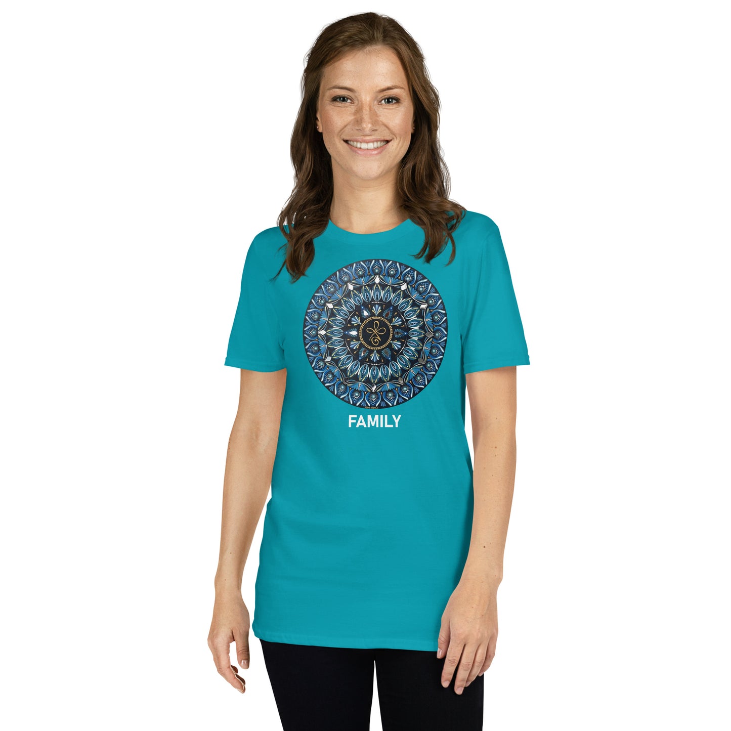 Unisex Softstyle T-Shirt (mandala with 3 loops in core | on front | FAMILY in white lettering)