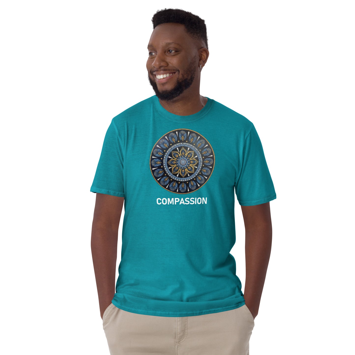 Unisex Softstyle T-Shirt (mandala with gold rim | on front | COMPASSION in white lettering)