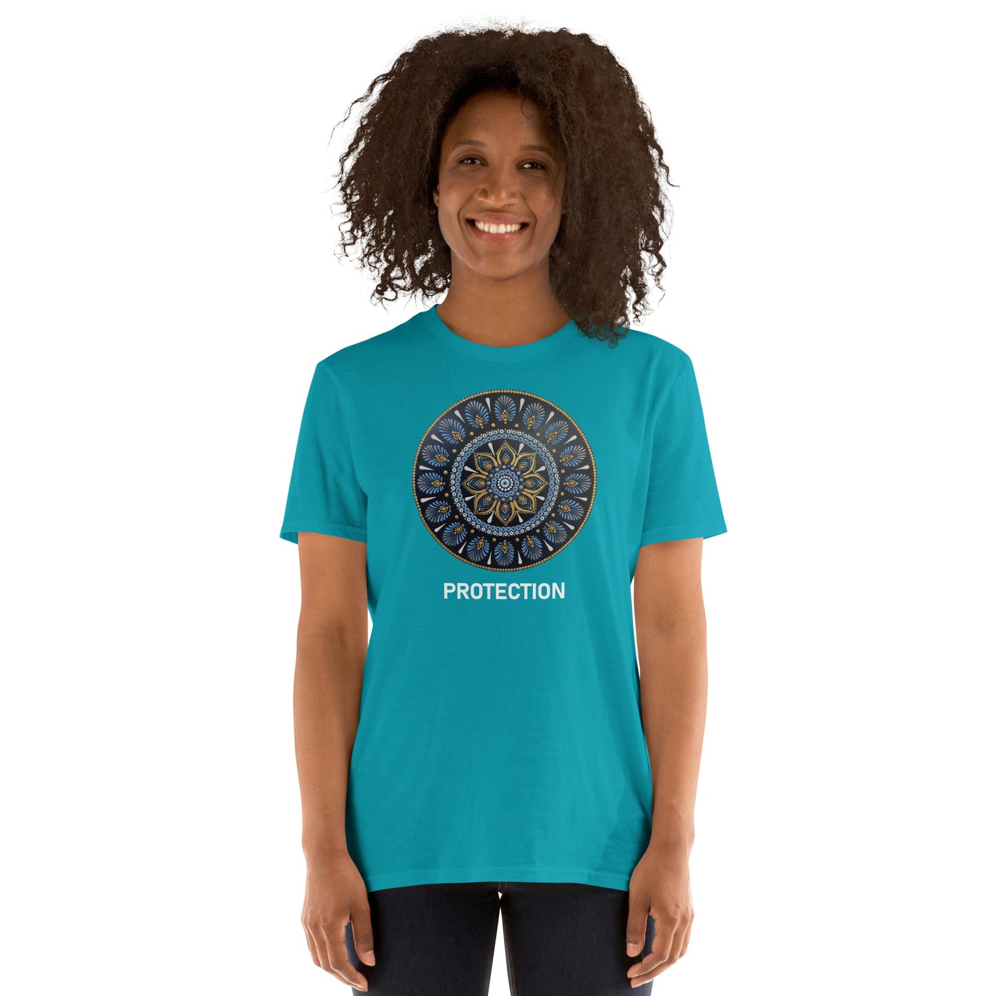 Unisex Softstyle T-Shirt (mandala with gold rim | on front | PROTECTION in white lettering)