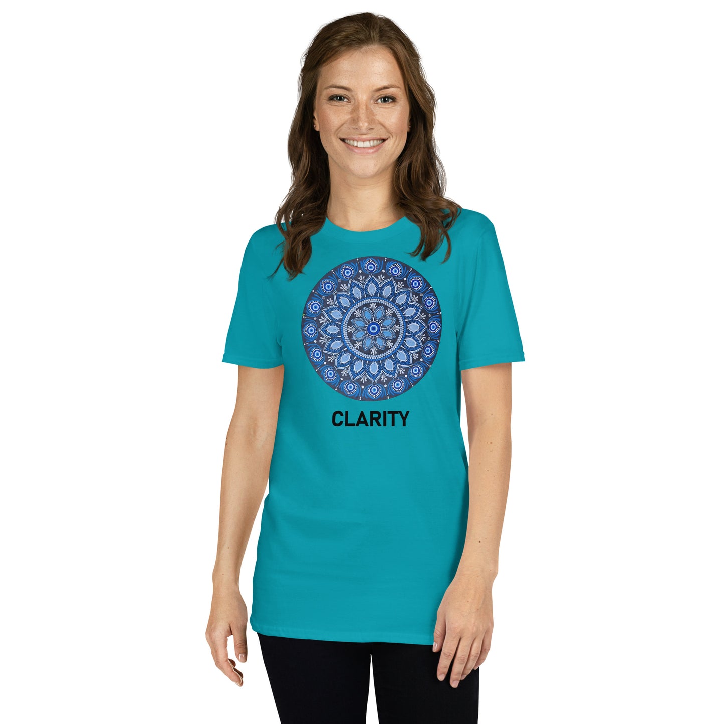 Unisex Softstyle T-Shirt (all blue mandala | on front | CLARITY in black lettering)