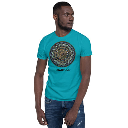 Unisex Softstyle T-Shirt (mandala green and gold rim | on front | GRATITUDE in black lettering)