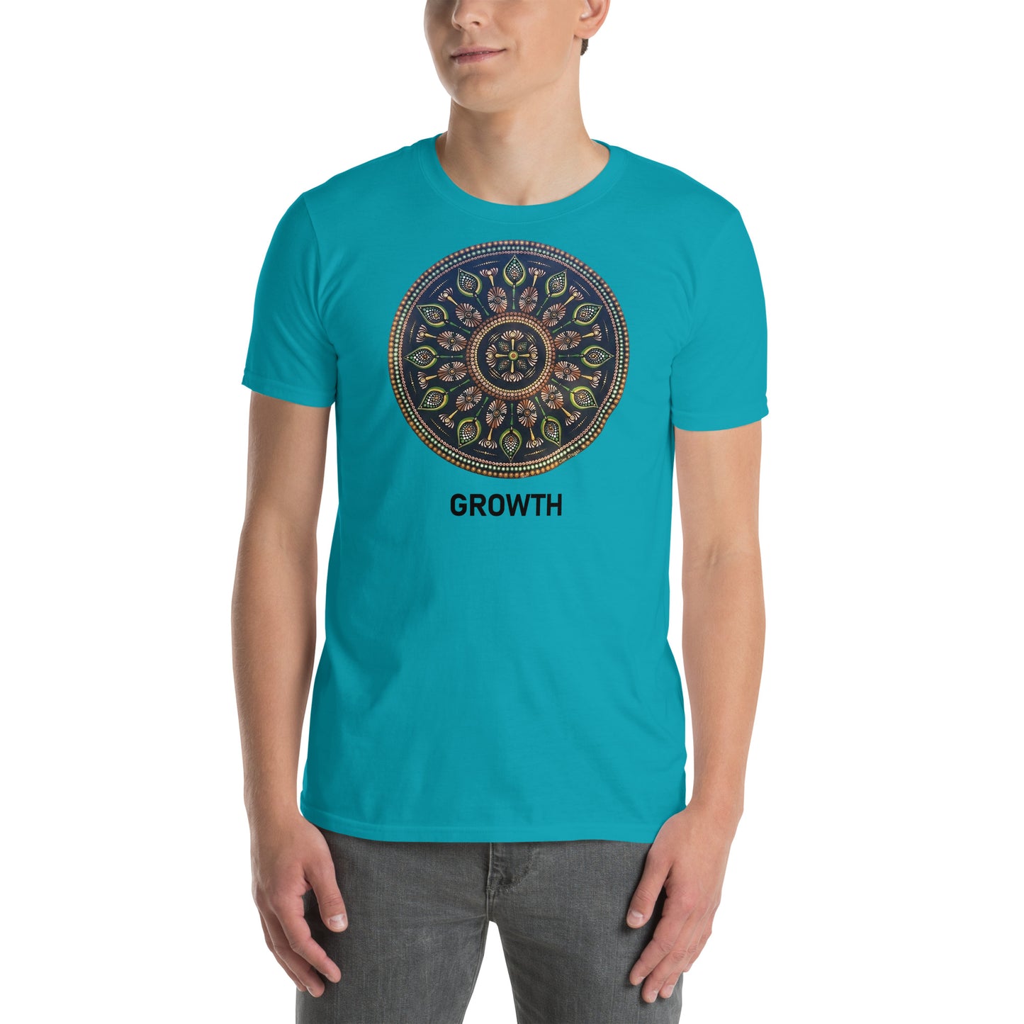 Unisex Softstyle T-Shirt (mandala with cross in the core | on front | GROWTH in black lettering)