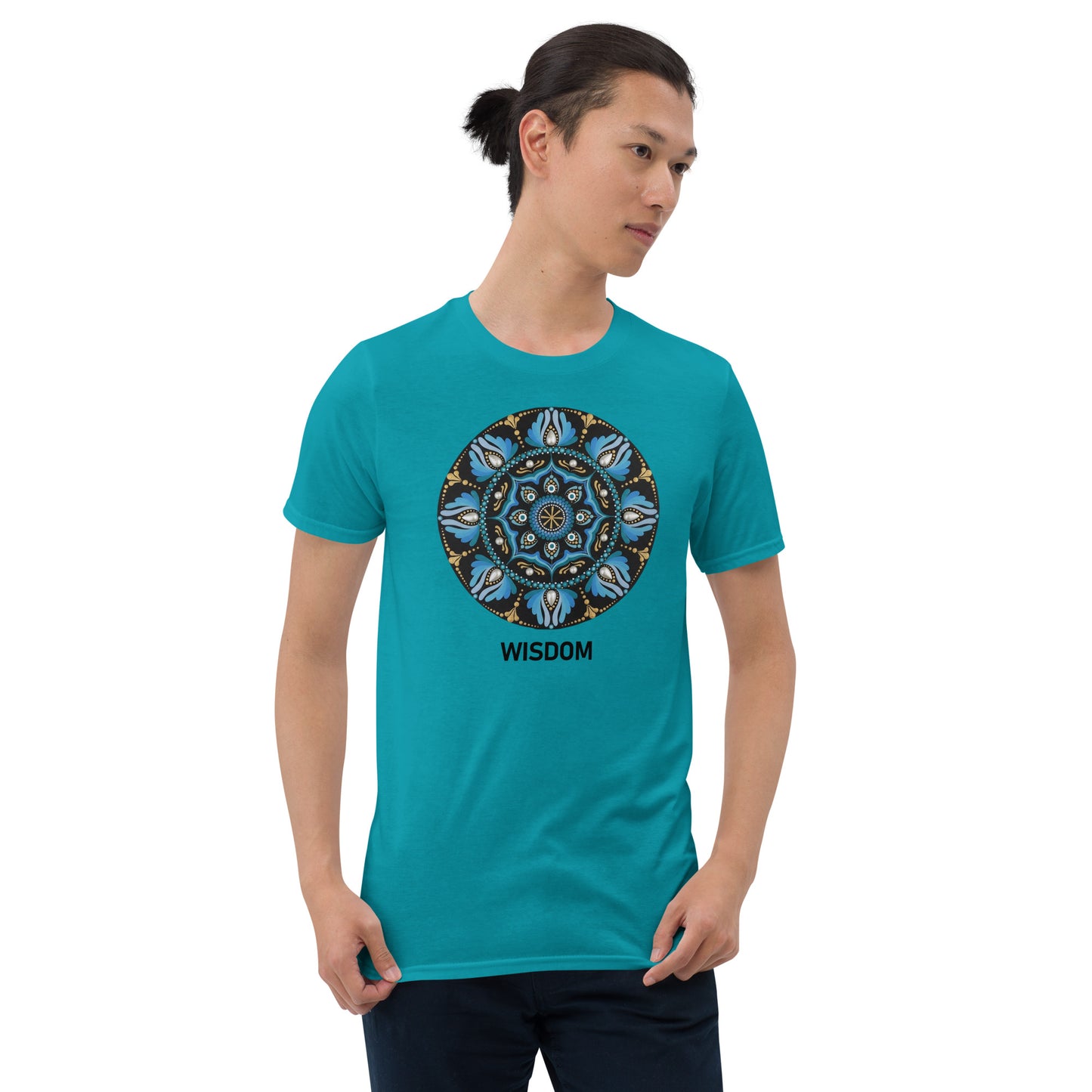 Unisex Softstyle T-Shirt (mandala with spokes in core | on front | WISDOM in black lettering)
