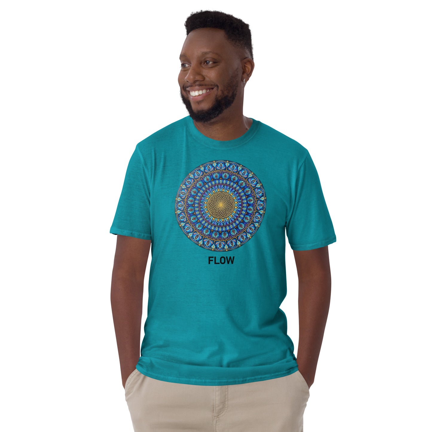 Unisex Softstyle T-Shirt (mandala with golden core | on front | FLOW in black lettering)