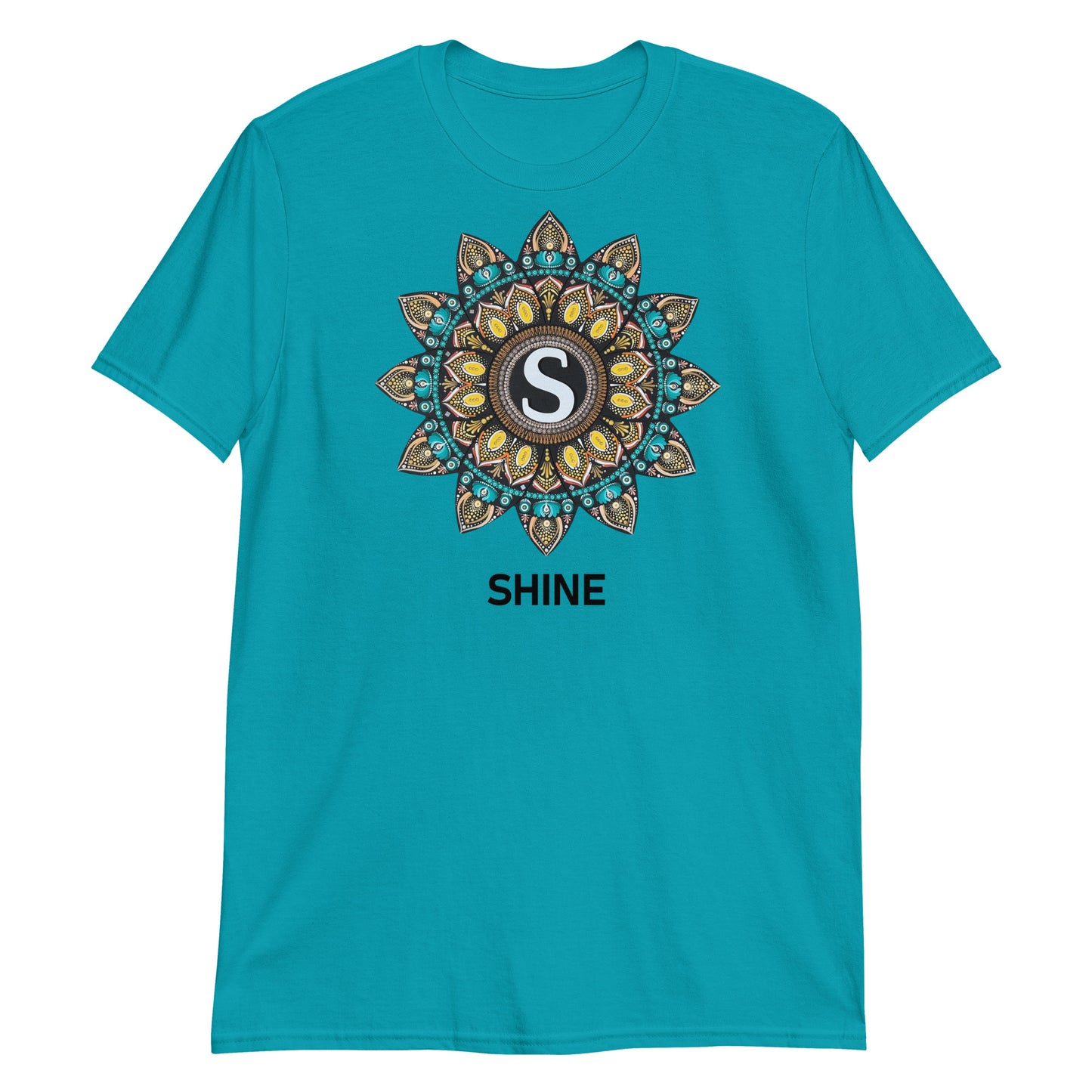 Unisex Softstyle T-Shirt (mandala with "S" in core | on front | SHINE in black lettering)