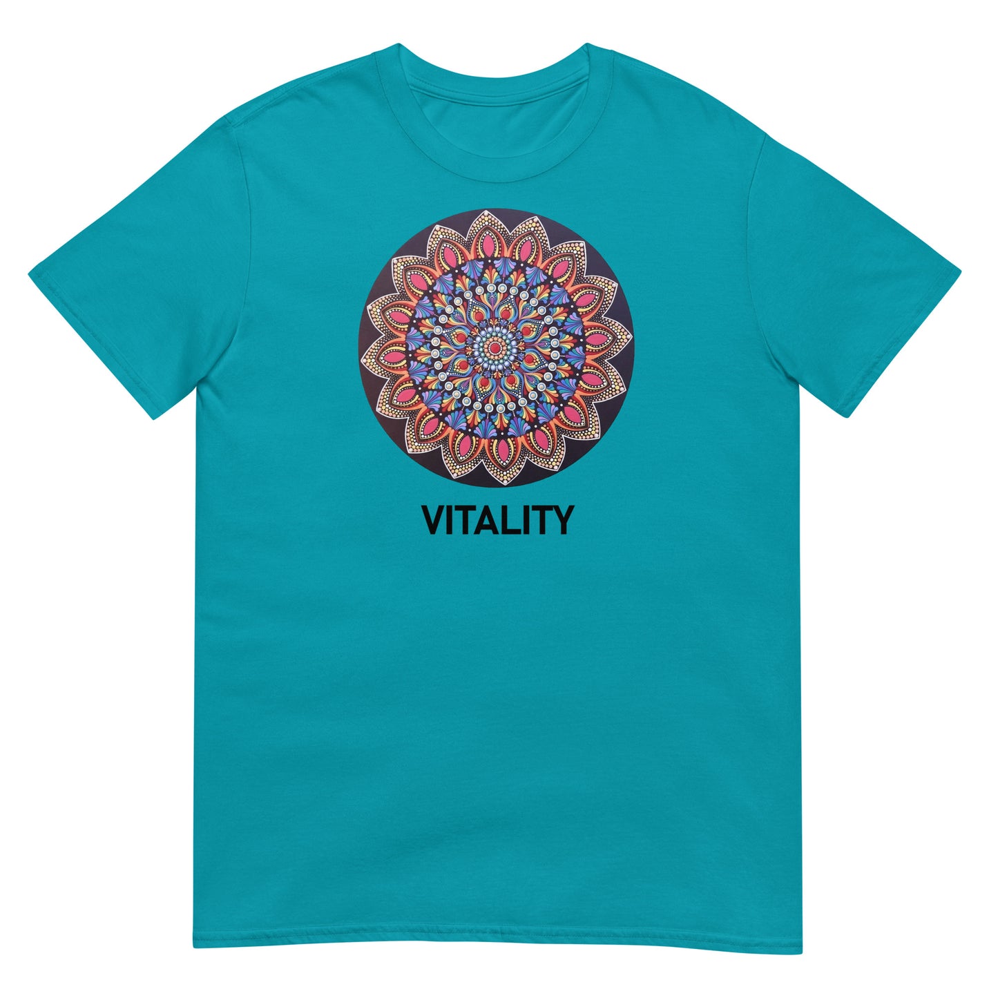 Unisex Softstyle T-Shirt (mandala with pink petals | on front | VITALITY in black lettering)