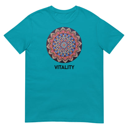 Unisex Softstyle T-Shirt (mandala with pink petals | on front | VITALITY in black lettering)