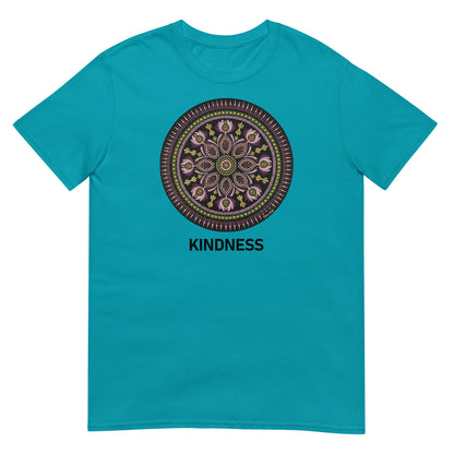 Unisex Softstyle T-Shirt (mandala with magenta rim | on front | KINDNESS in black lettering)