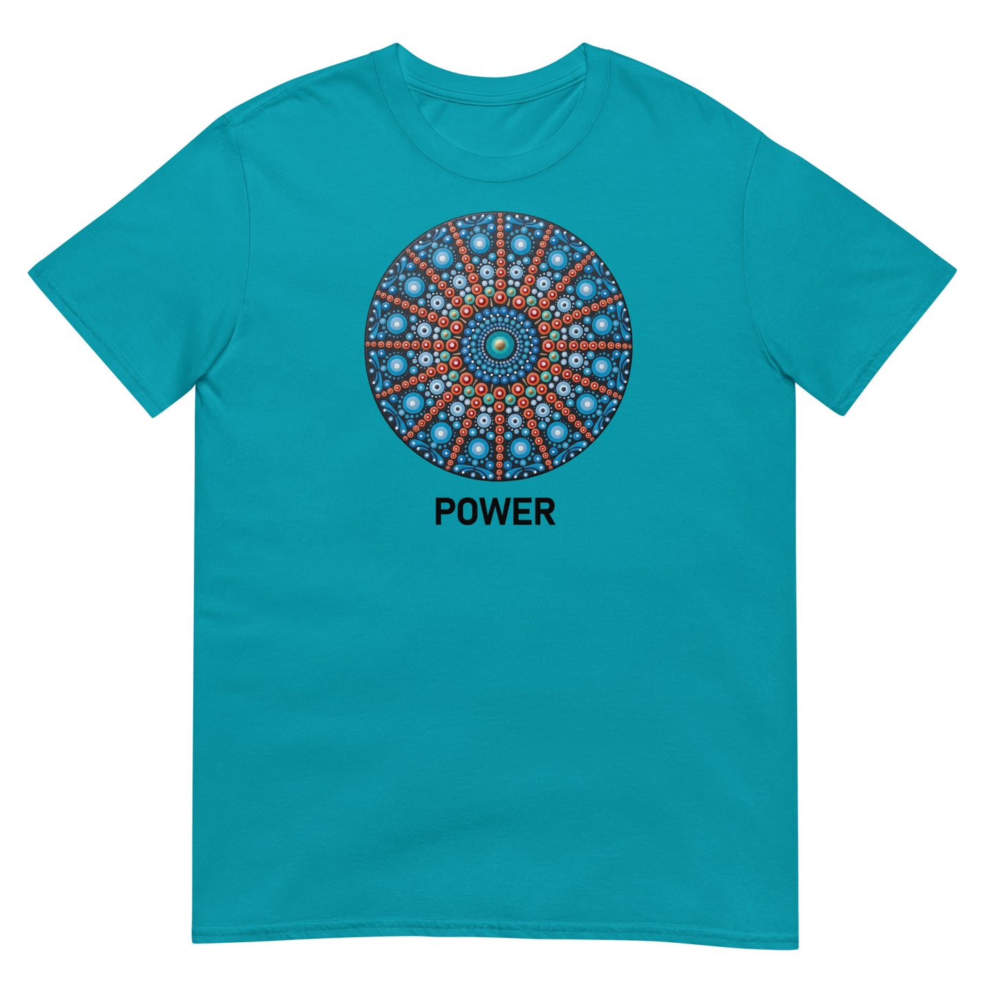 Unisex Softstyle T-Shirt (mandala with red lines | on front | POWER in black lettering)