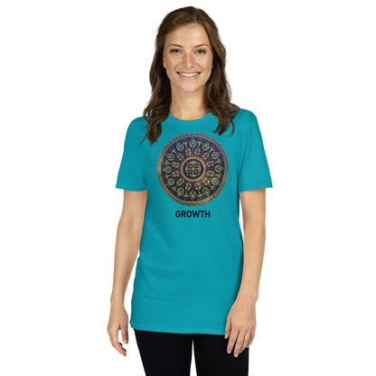 Unisex Softstyle T-Shirt (mandala with cross in the core | on front | GROWTH in black lettering)