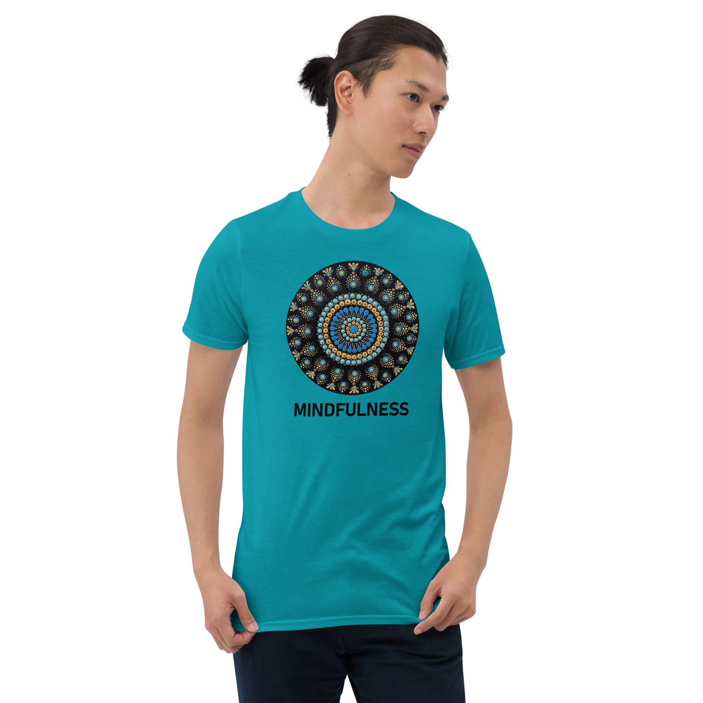 Unisex Softstyle T-Shirt (mandala with blue dots and black back | on front | MINDFULNESS in black lettering)
