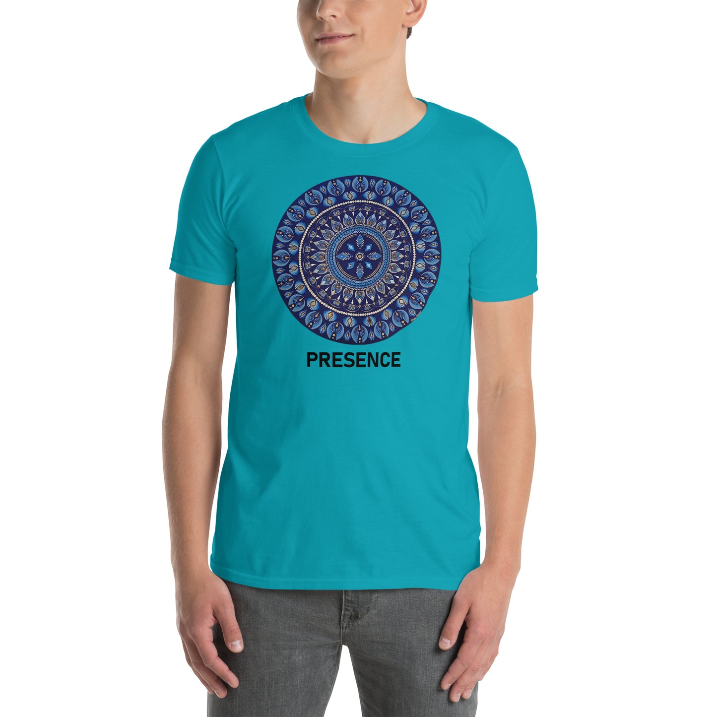 Unisex Softstyle T-Shirt (mandala with 4 diamonds | on front | PRESENCE in black lettering)