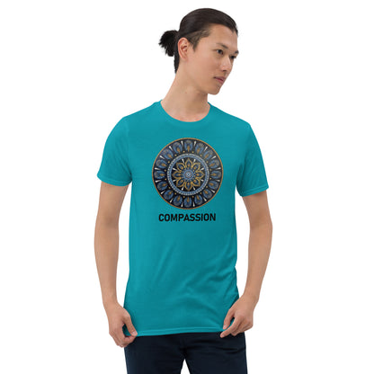 Unisex Softstyle T-Shirt (mandala with gold rim | on front | COMPASSION in black lettering)