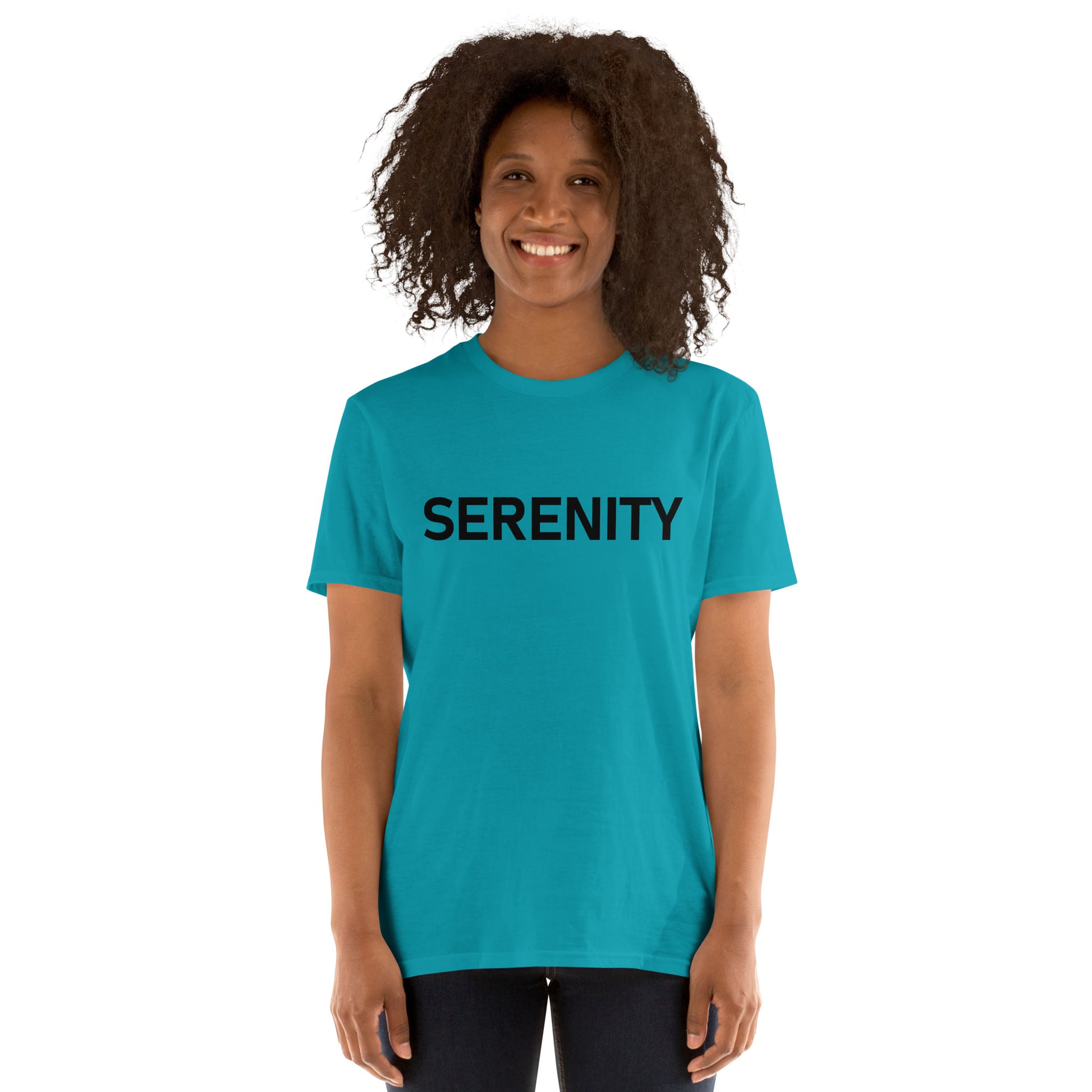Unisex Softstyle T-Shirt (mandala with blue and white core on back | SERENITY in black lettering on front)
