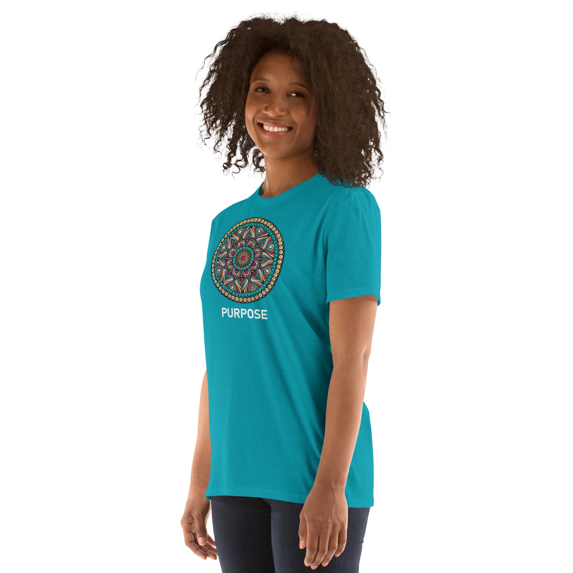 Unisex Softstyle T-Shirt (mandala with red core on front | PURPOSE in white lettering)