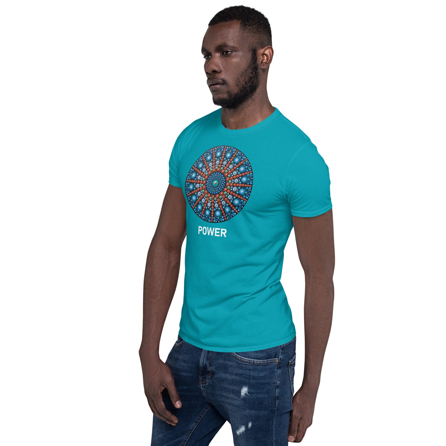 Unisex Softstyle T-Shirt (mandala with red lines | on front | POWER in white lettering)