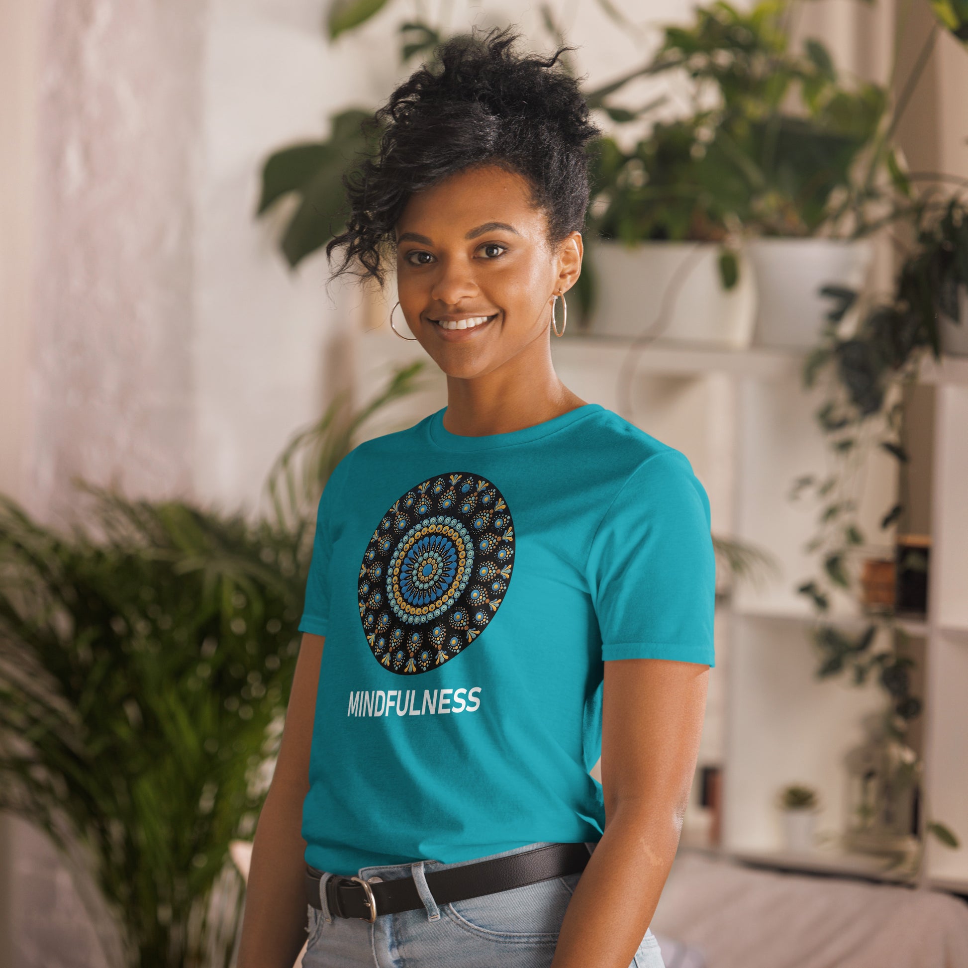 Unisex Softstyle T-Shirt (mandala with blue dots and black back | on front | MINDFULNESS in white lettering)