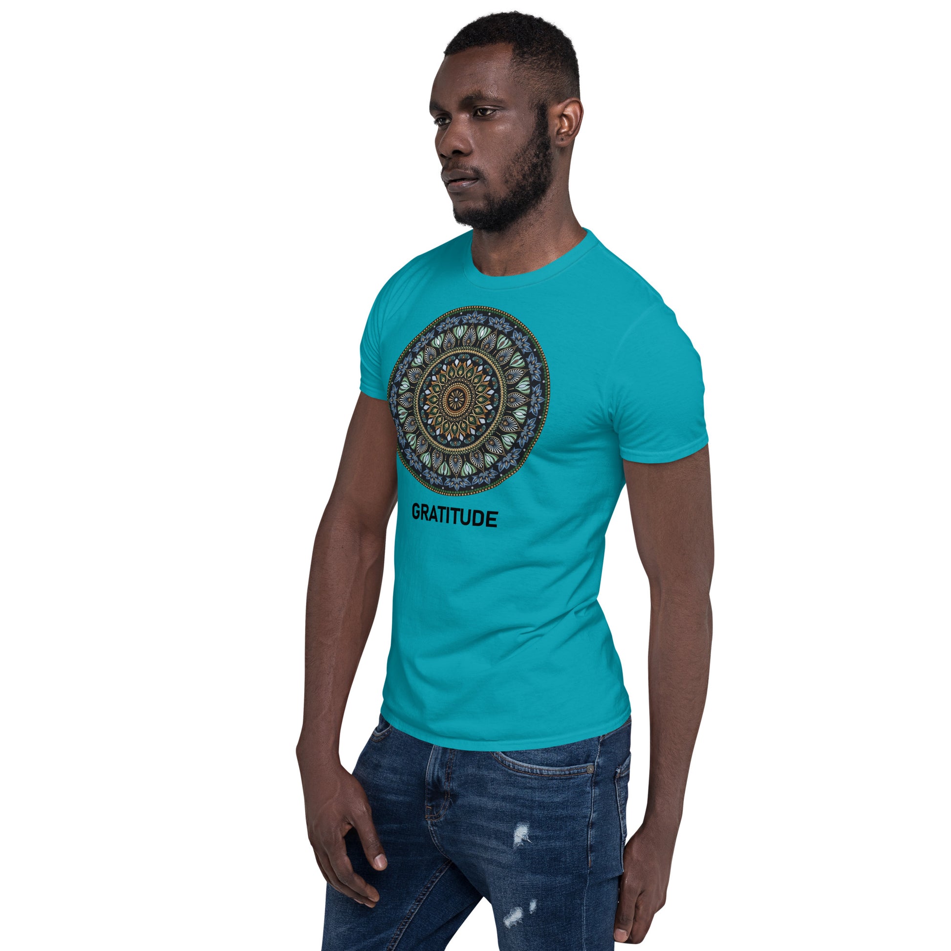 Unisex Softstyle T-Shirt (mandala green and gold rim | on front | GRATITUDE in black lettering)