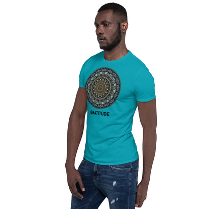 Unisex Softstyle T-Shirt (mandala green and gold rim | on front | GRATITUDE in black lettering)