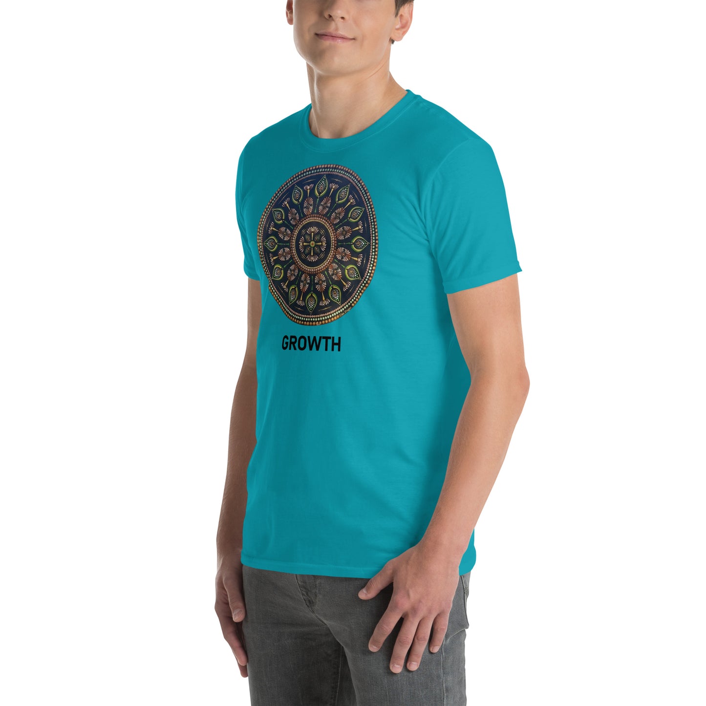 Unisex Softstyle T-Shirt (mandala with cross in the core | on front | GROWTH in black lettering)