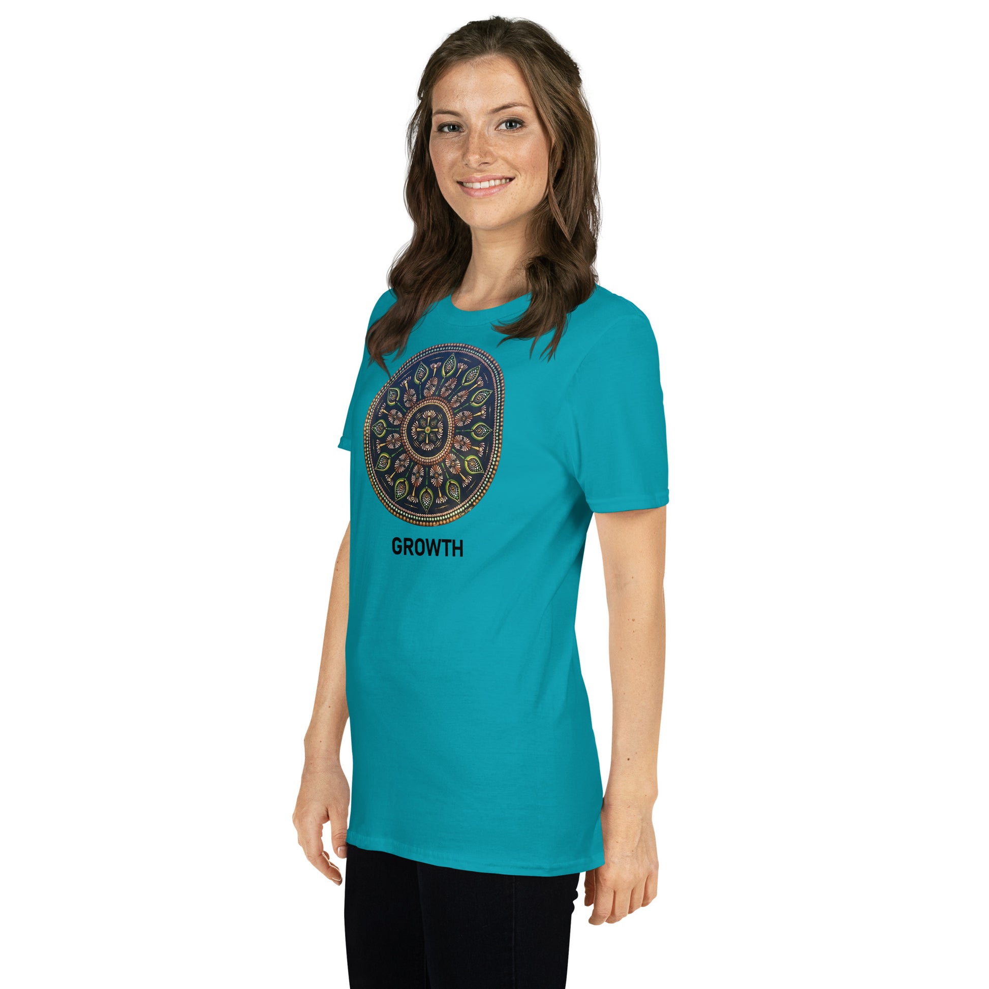 Unisex Softstyle T-Shirt (mandala with cross in the core | on front | GROWTH in black lettering)